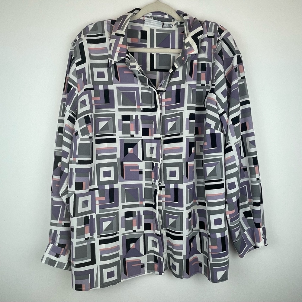 Vintage Alfred Dunner Geometric Button-Up Blouse Purple Gray Pink 22W